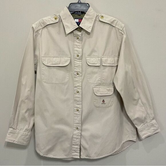 Vintage Tommy Hilfiger Shirt Khaki Safari Button Down Sz 12 Field Shirt Pockets - Picture 1 of 4